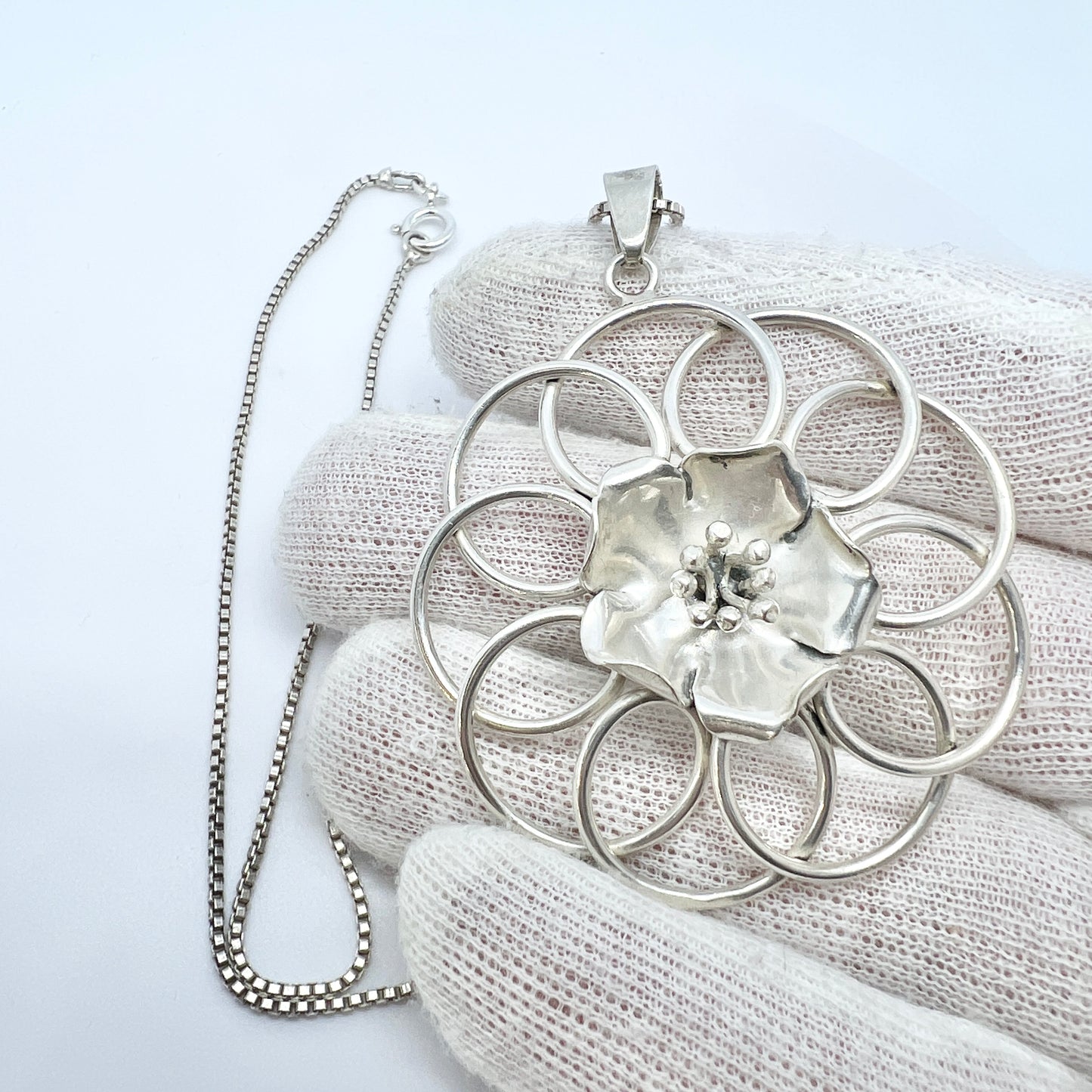 Sweden 1940-50s. Solid Silver Flower Pendant Necklace.