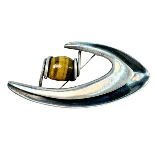 Sigi Pineda, Taxco Mexico. Vintage ca 1960 Sterling Silver Tiger's Eye Brooch.