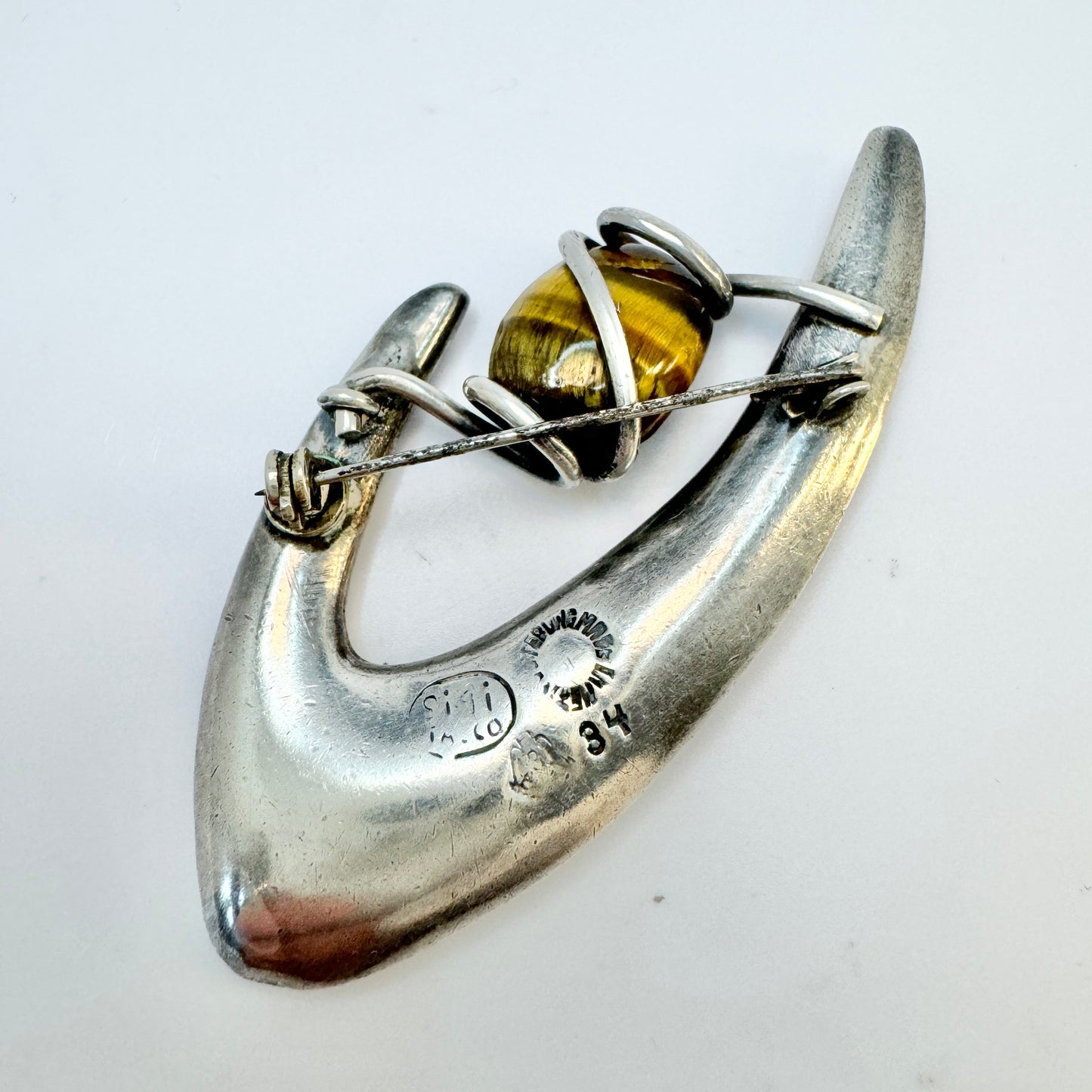 Sigi Pineda, Taxco Mexico. Vintage ca 1960 Sterling Silver Tiger's Eye Brooch.