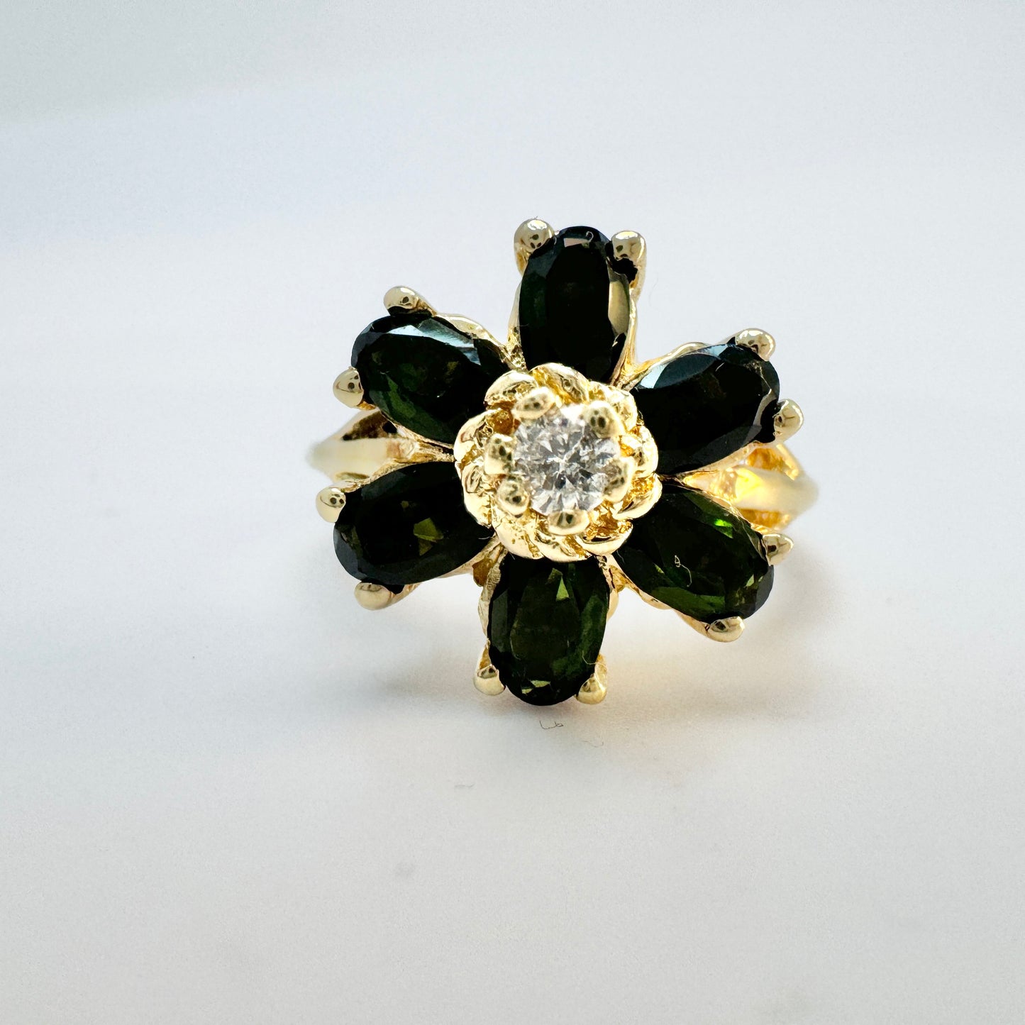 Vintage 14k Gold Diamond Dark Green Tourmaline Ring