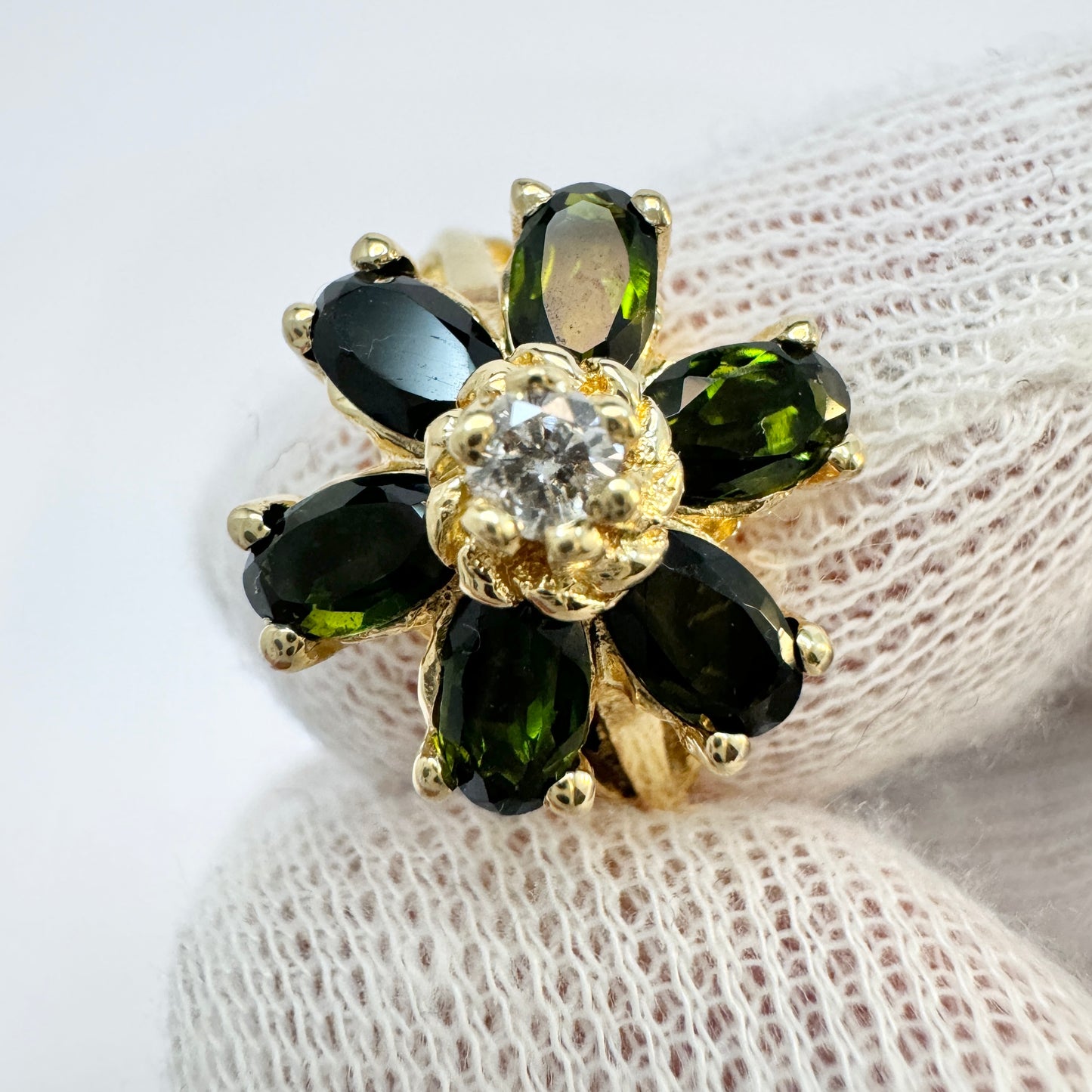 Vintage 14k Gold Diamond Dark Green Tourmaline Ring