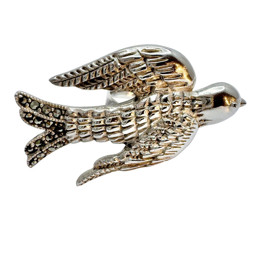 Vintage Sterling Silver Marcasite Large Bird Ring.