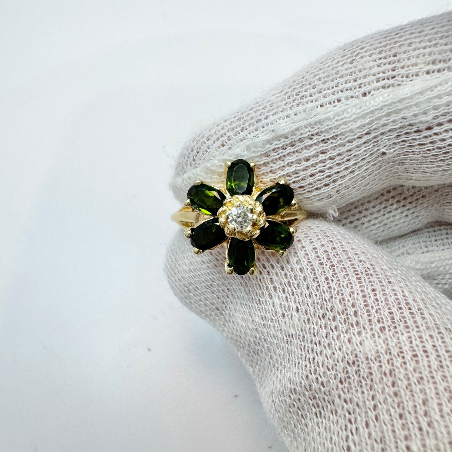 Vintage 14k Gold Diamond Dark Green Tourmaline Ring