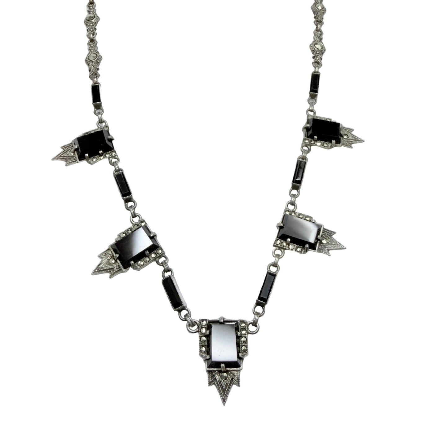 Vintage Art Deco Solid Silver Onyx Marcasite Necklace.