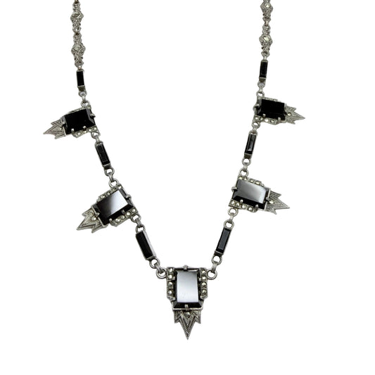 Vintage Art Deco Solid Silver Onyx Marcasite Necklace.