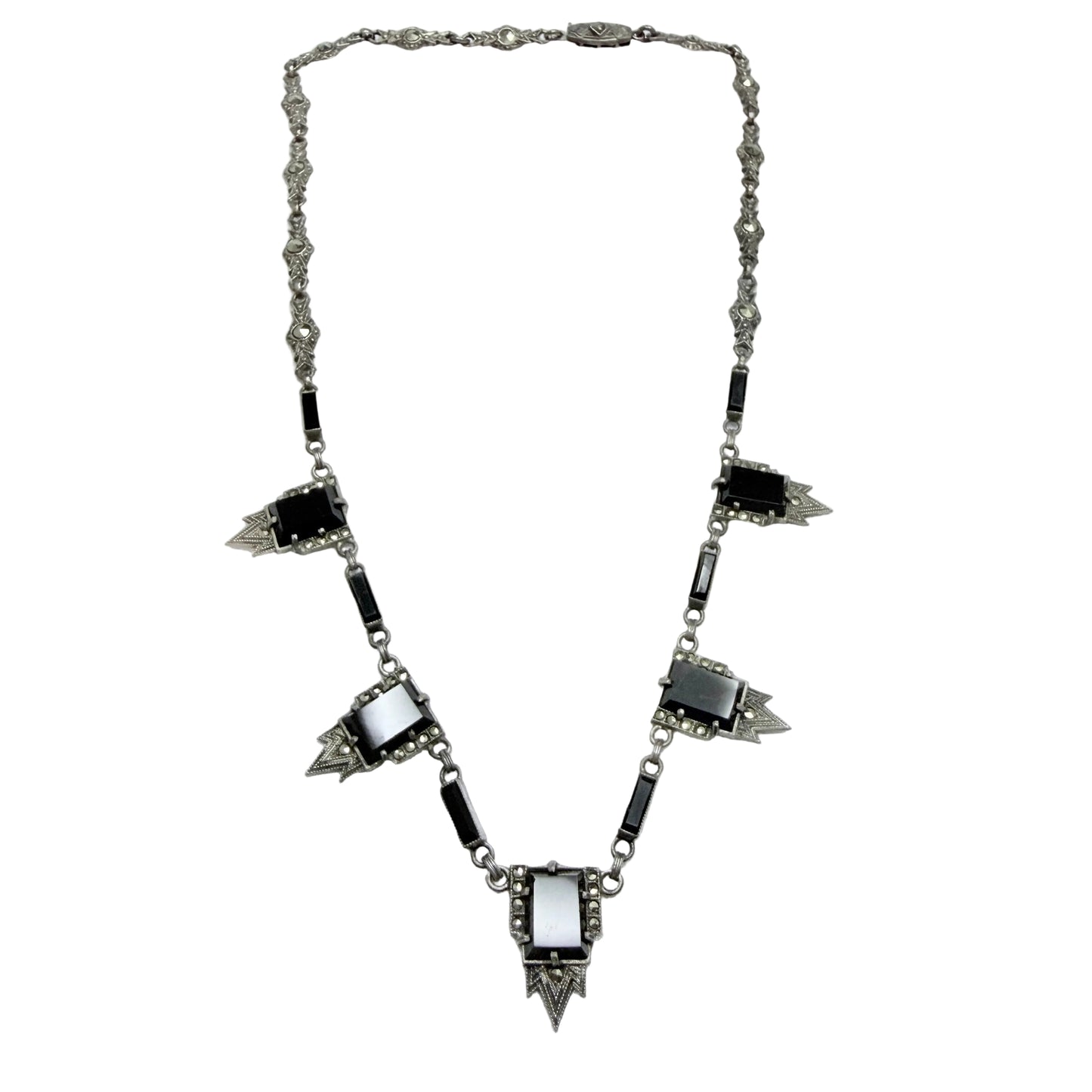 Vintage Art Deco Solid Silver Onyx Marcasite Necklace.