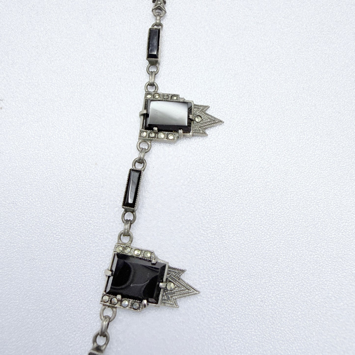 Vintage Art Deco Solid Silver Onyx Marcasite Necklace.