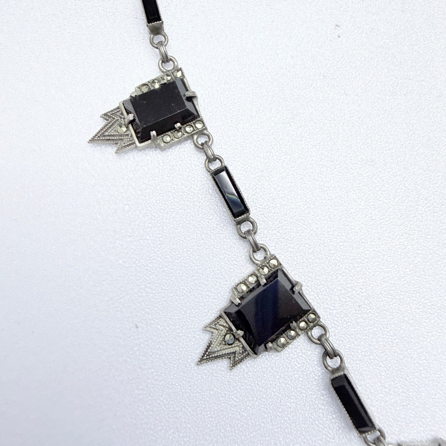 Vintage Art Deco Solid Silver Onyx Marcasite Necklace.