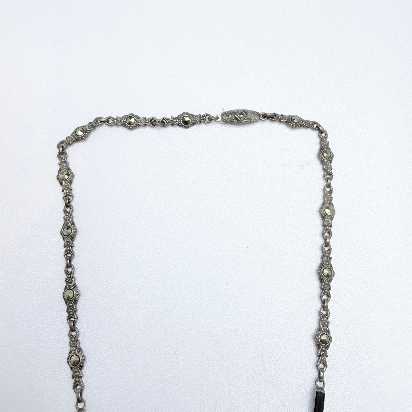 Vintage Art Deco Solid Silver Onyx Marcasite Necklace.