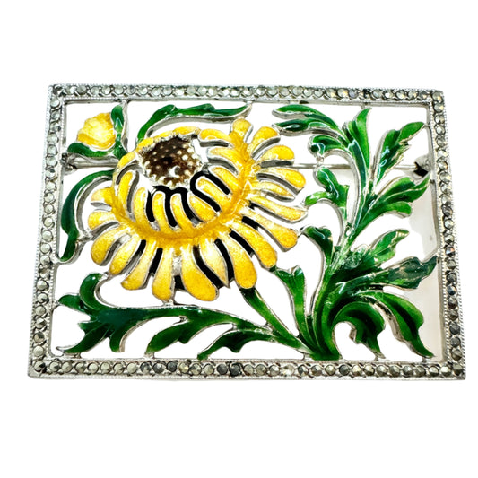 Vintage Sterling Silver Enamel Marcasite Perfume Brooch.