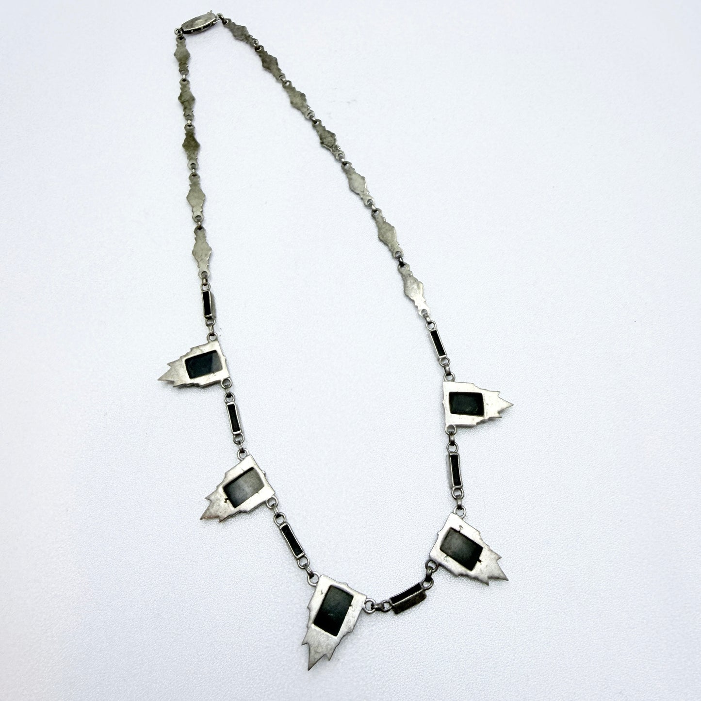 Vintage Art Deco Solid Silver Onyx Marcasite Necklace.