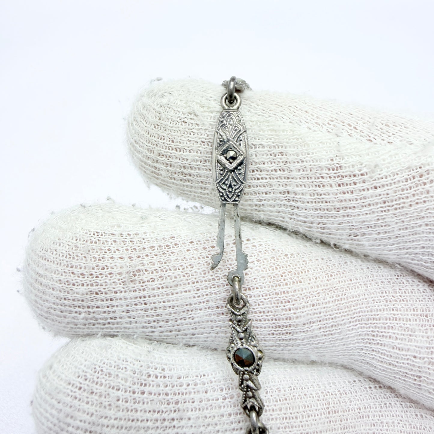Vintage Art Deco Solid Silver Onyx Marcasite Necklace.