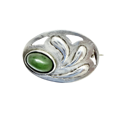 Antique Arts & Crafts Solid Silver Serpentine Stone Brooch.