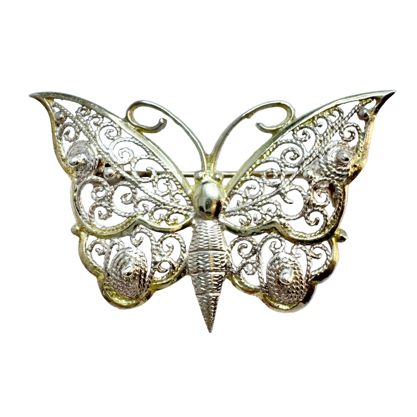 Swedish Import ca 1950s. Solid Silver Filigree Butterfly Brooch.