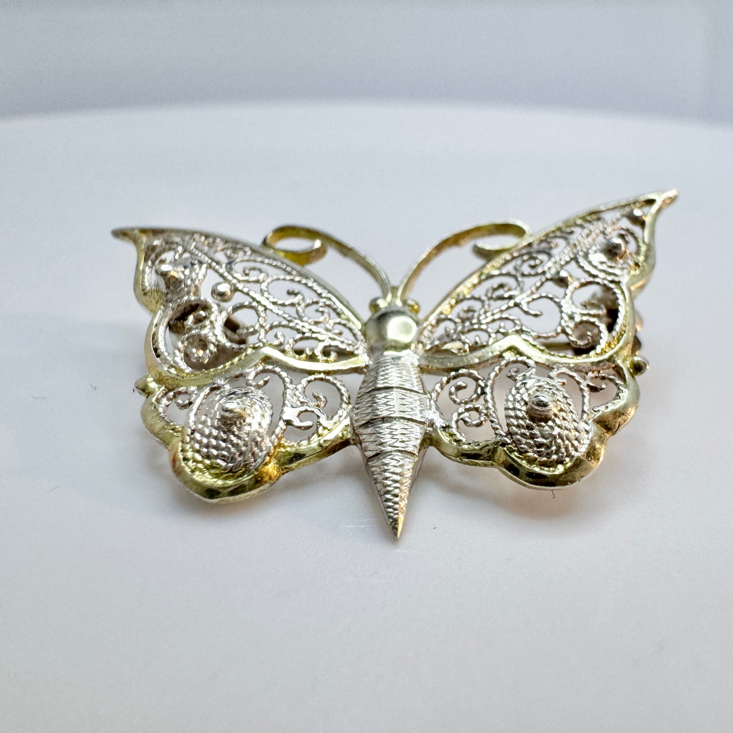 Swedish Import ca 1950s. Solid Silver Filigree Butterfly Brooch.