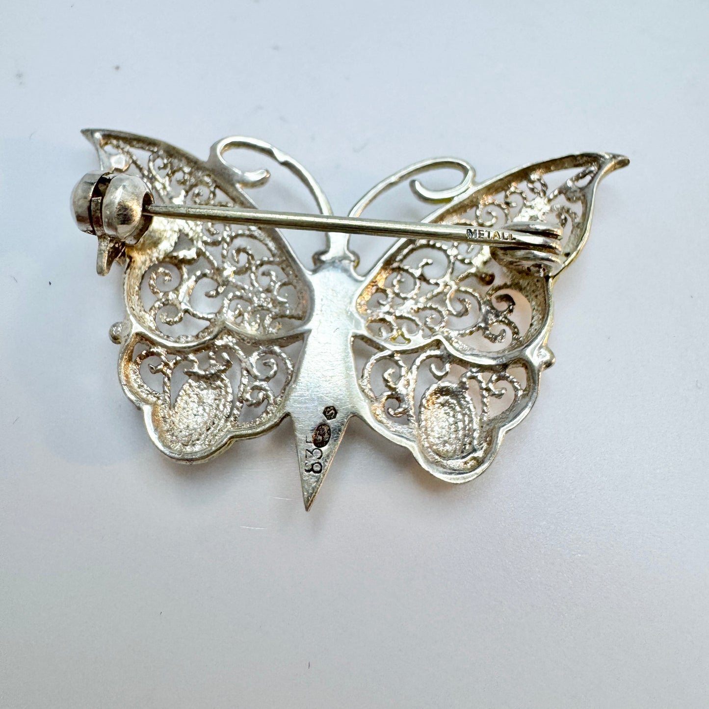 Swedish Import ca 1950s. Solid Silver Filigree Butterfly Brooch.