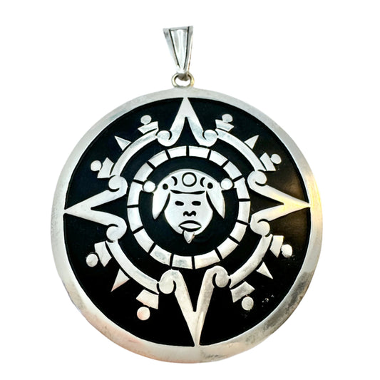 Taxco, Mexico. Large Vintage Sterling Silver Enamel Aztec Sun God Pendant.