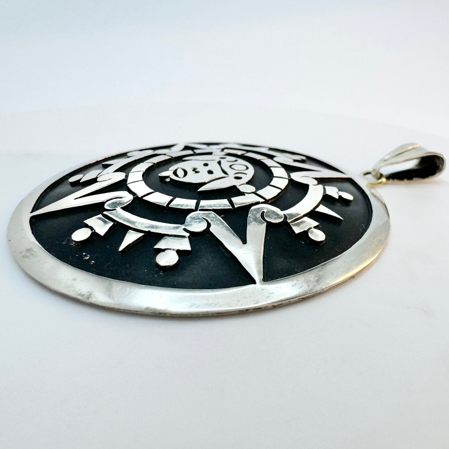 Taxco, Mexico. Large Vintage Sterling Silver Enamel Aztec Sun God Pendant.