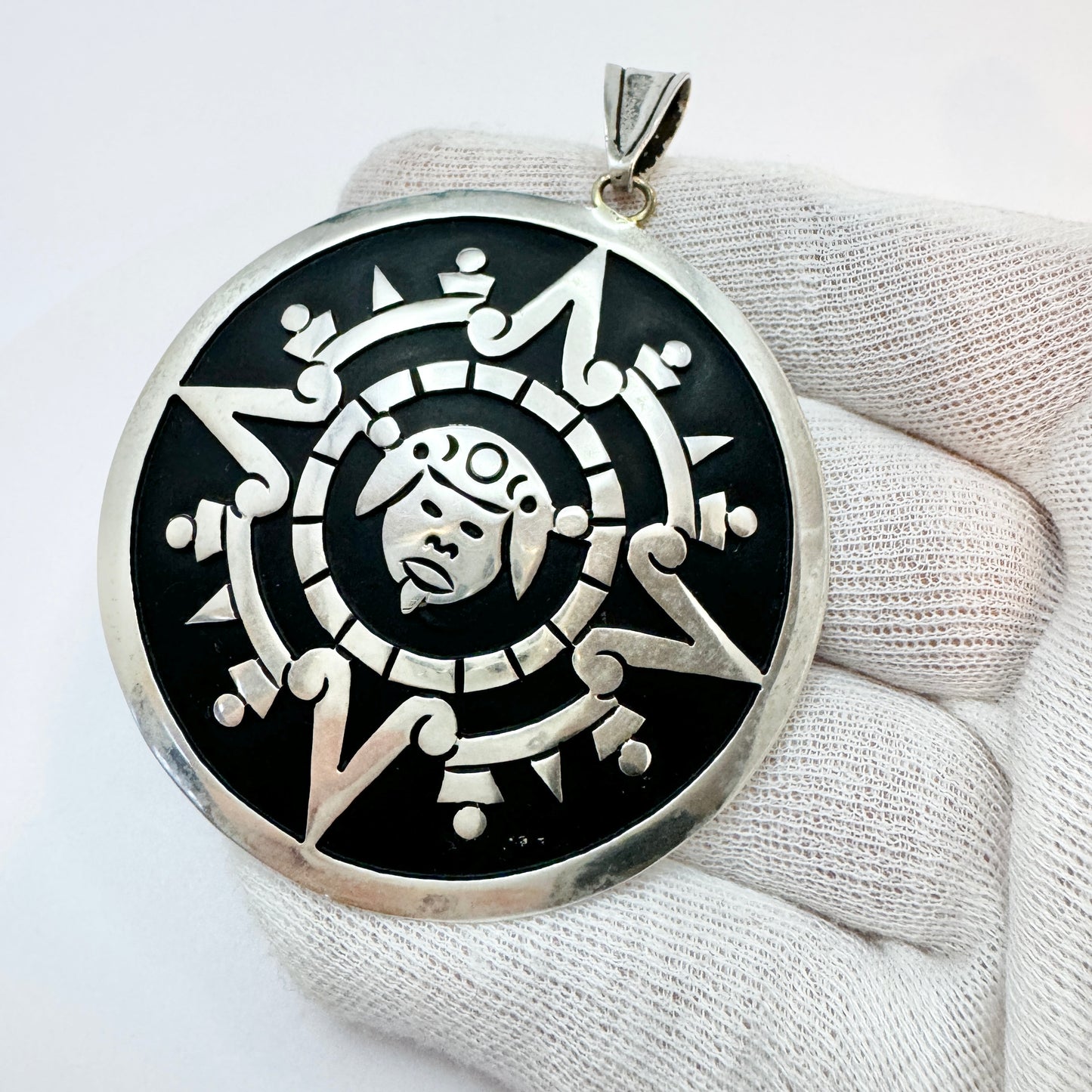 Taxco, Mexico. Large Vintage Sterling Silver Enamel Aztec Sun God Pendant.