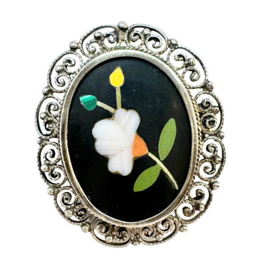 Italy c 1950s Vintage 800 SIlver Pietra Dura Brooch Pendant.