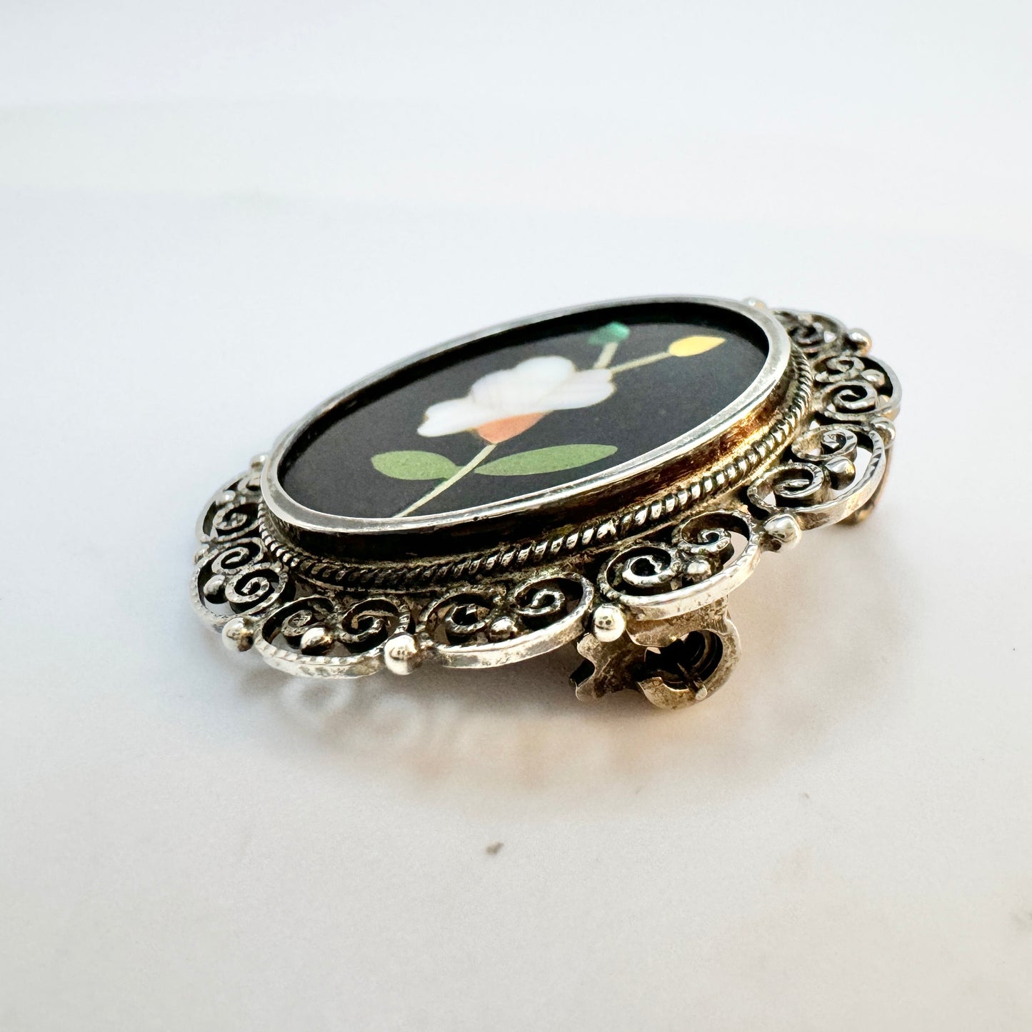 Italy c 1950s Vintage 800 SIlver Pietra Dura Brooch Pendant.