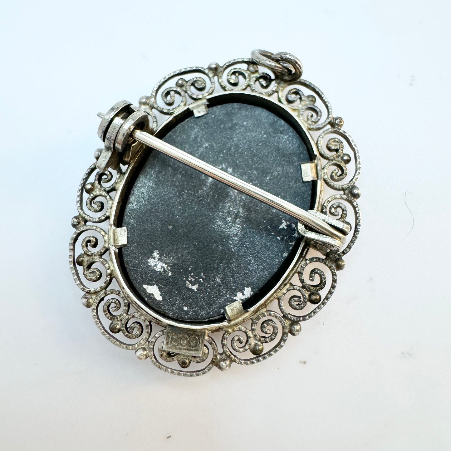 Italy c 1950s Vintage 800 SIlver Pietra Dura Brooch Pendant.