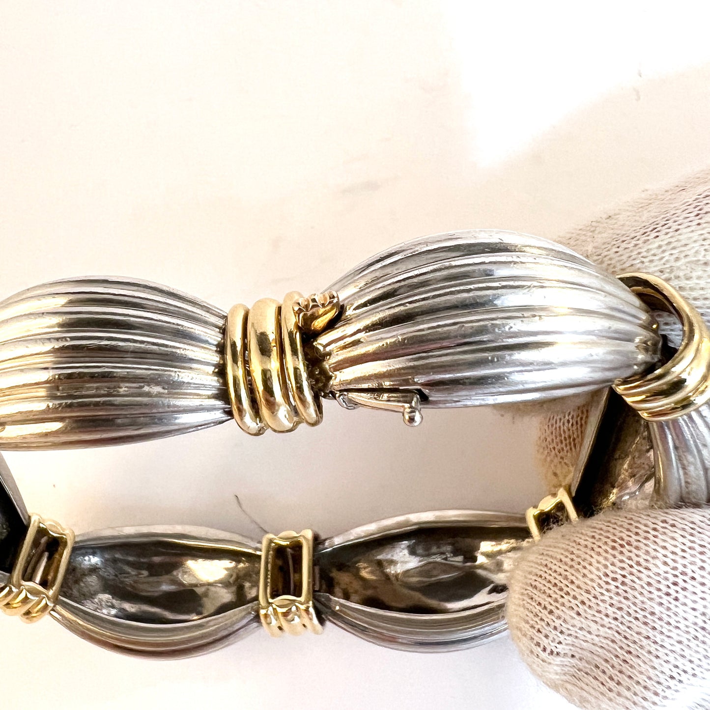 O.J Perrin, Paris France c 1980. Vintage 18k Gold Sterling Silver Bracelet. Original Box.