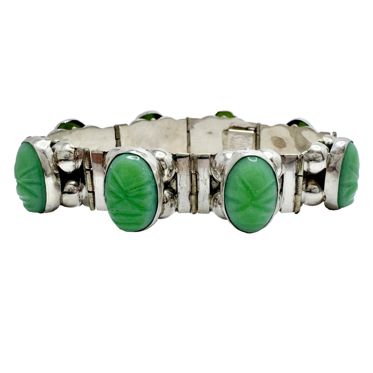 Mexico ca 1950. Vintage Sterling Silver Carved Green Onyx Bracelet.