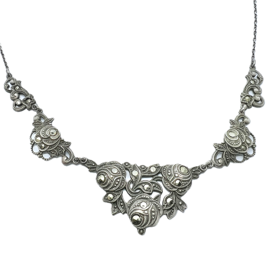 Sweden 1940s. Solid Silver Marcasite Floral Necklace.