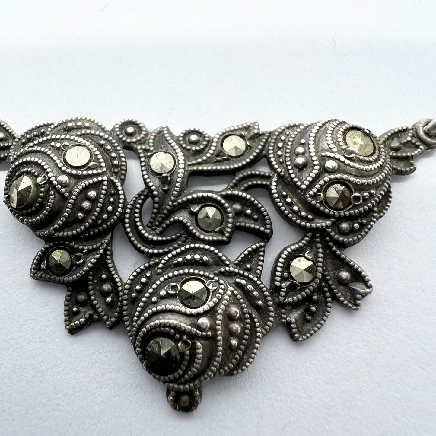 Sweden 1940s. Solid Silver Marcasite Floral Necklace.