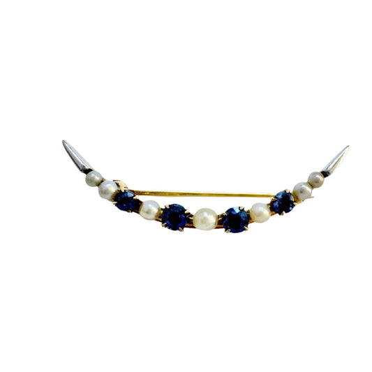 Antique Edwardian 14k Gold Sapphire Peral Crescent Brooch.