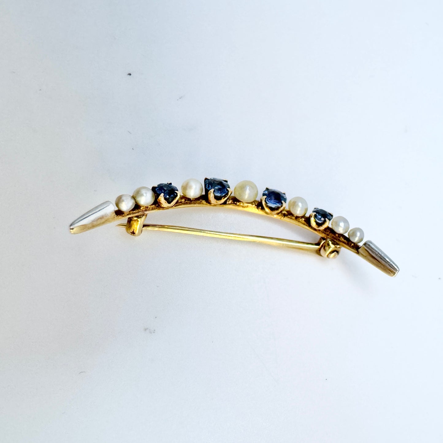 Antique Edwardian 14k Gold Sapphire Peral Crescent Brooch.