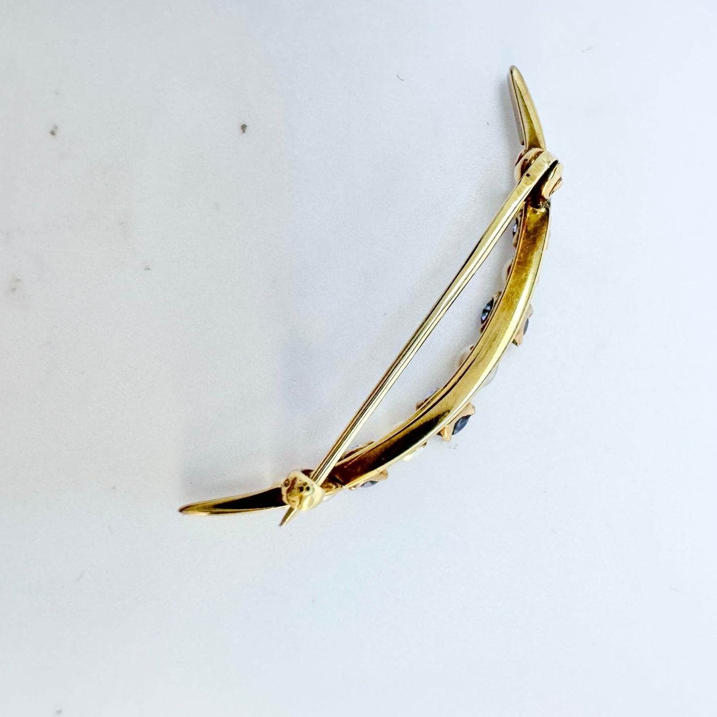 Antique Edwardian 14k Gold Sapphire Peral Crescent Brooch.