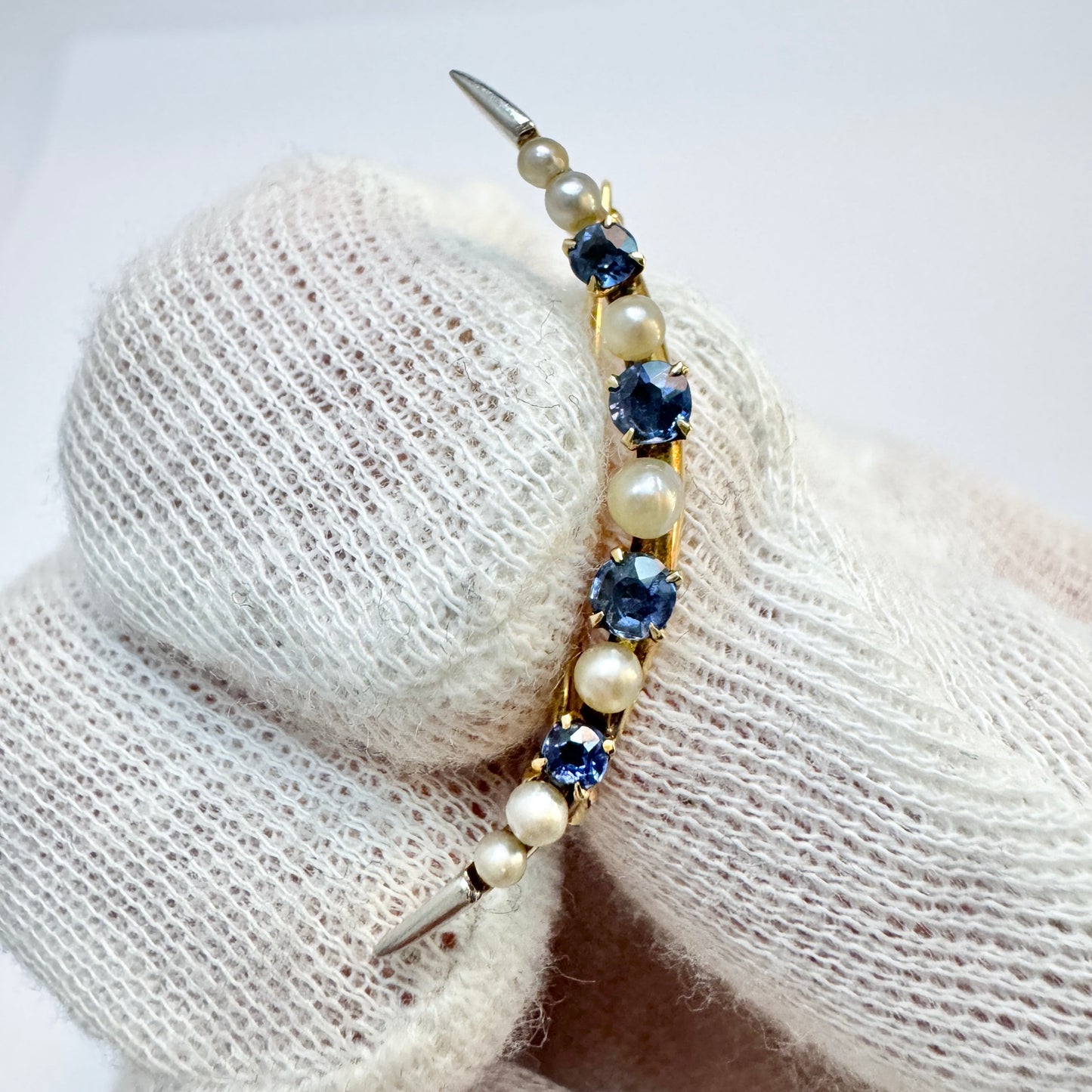 Antique Edwardian 14k Gold Sapphire Peral Crescent Brooch.