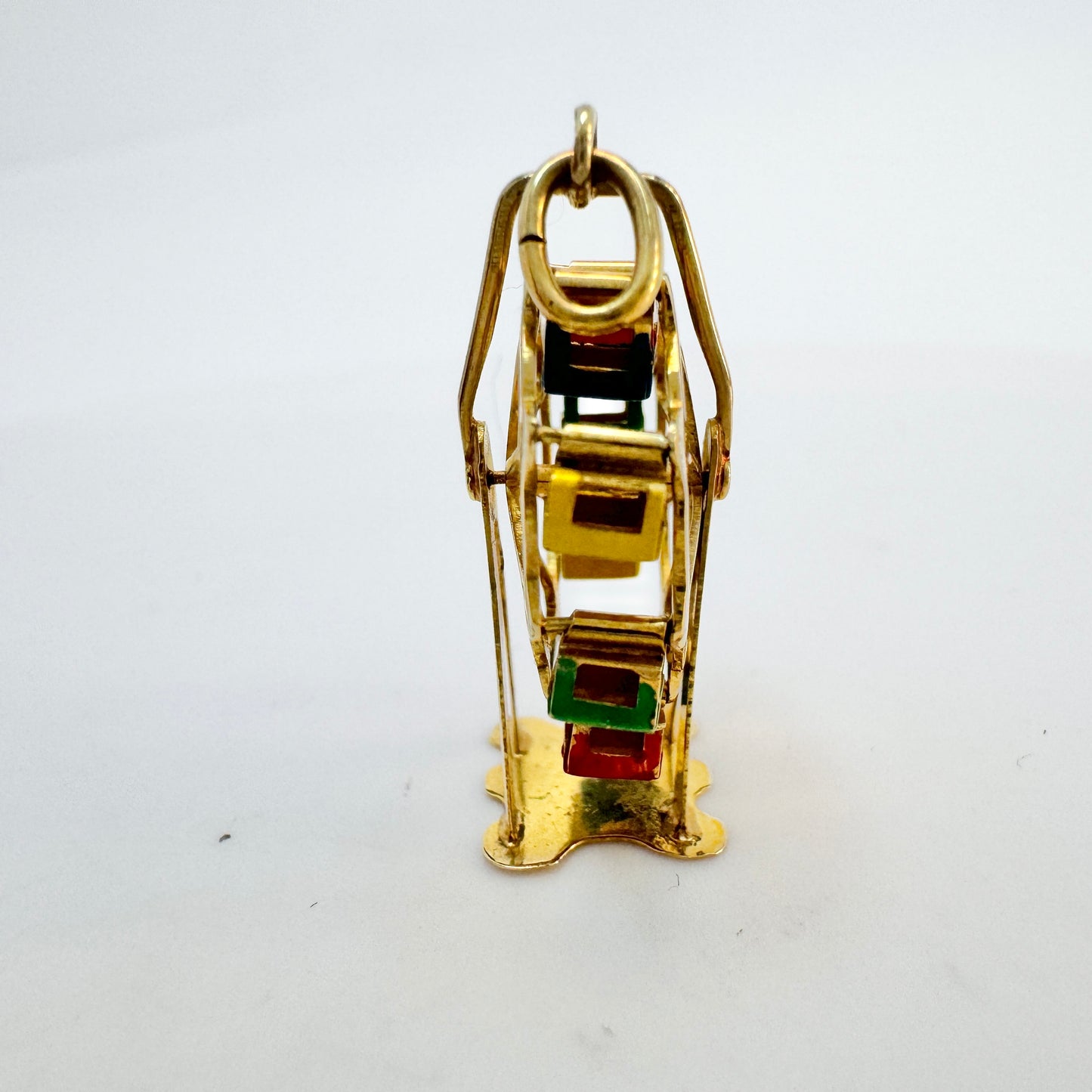 Austria c 1950s. Vintage 14k Gold Enamel Kinetic Ferris Wheel Large Charm or Pendant.