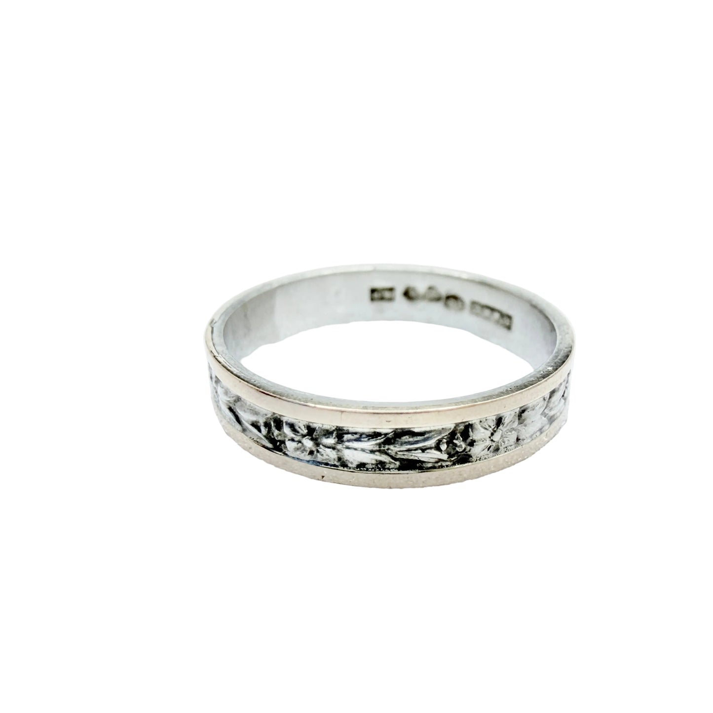 K&E Carlson, Sweden 1951. Vintage Solid Silver Gold Detail Flower Band Ring.