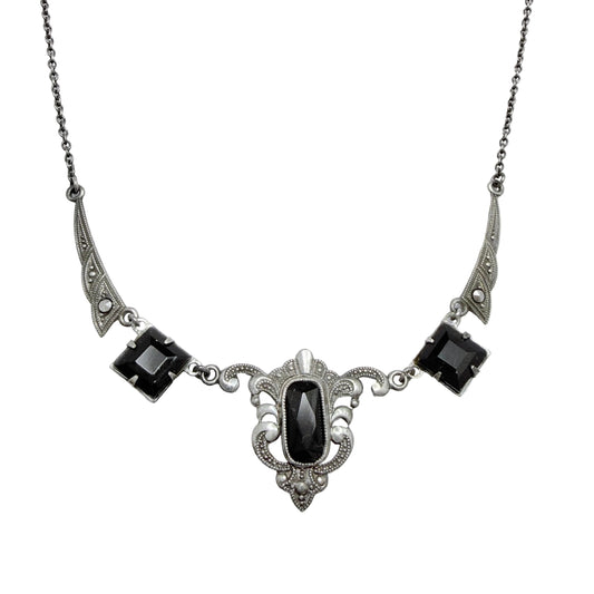 Vintage ca 1940. Solid Silver Onyx Marcasite Necklace.