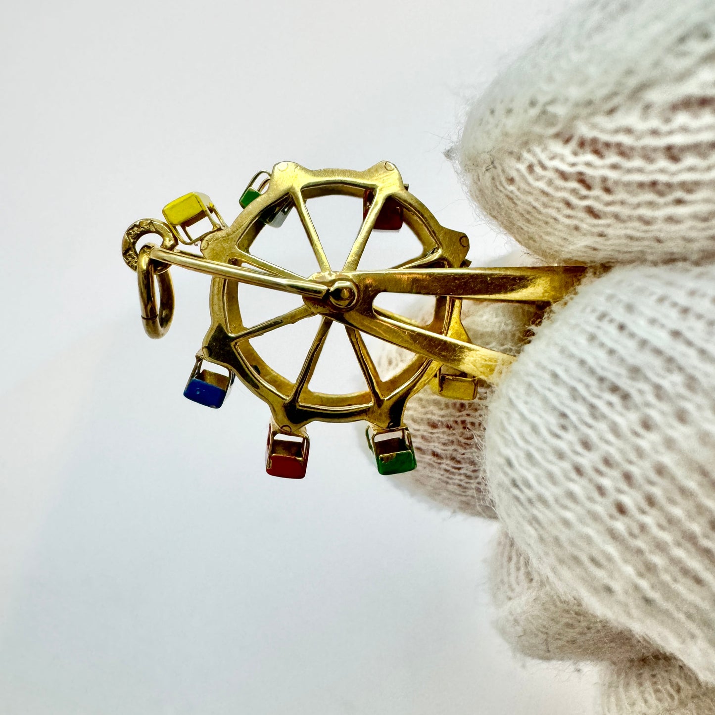 Austria c 1950s. Vintage 14k Gold Enamel Kinetic Ferris Wheel Large Charm or Pendant.