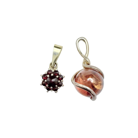 Two Vintage Small Sterling Silver Pendants. Garnets and Amber.