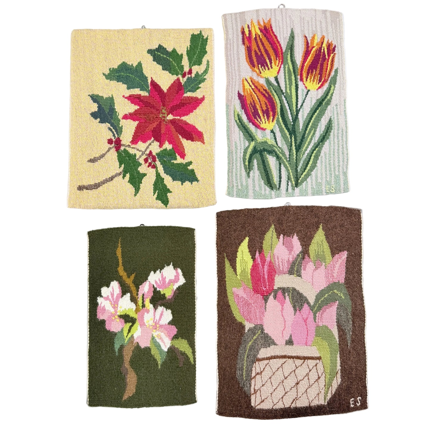 Sweden ca 1940-50s. Four Vintage Wool Wall Hanging Flower Tapestries
