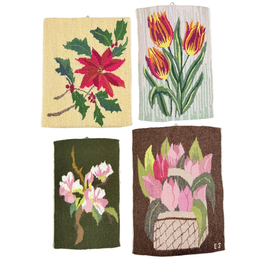 Sweden ca 1940-50s. Four Vintage Wool Wall Hanging Flower Tapestries