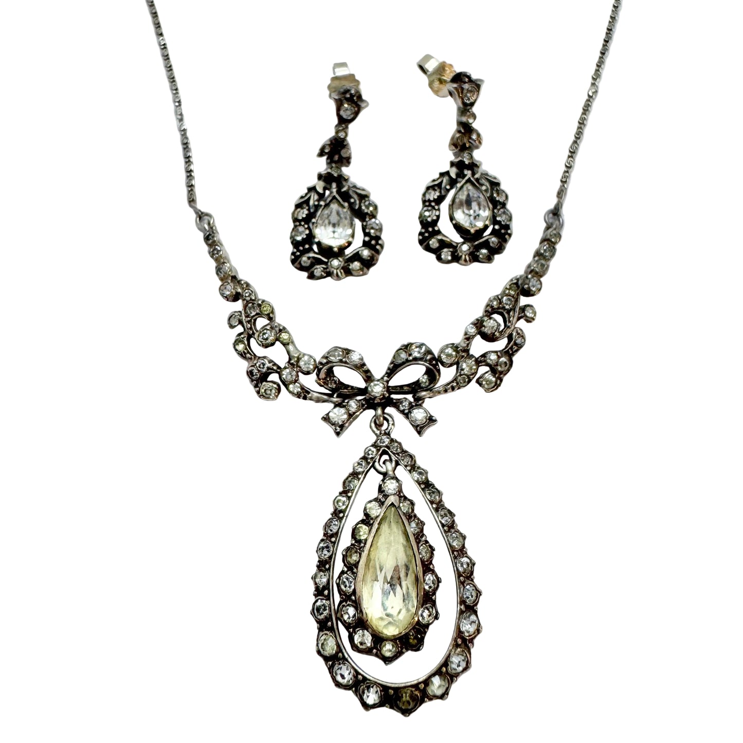 Early 1900s. Solid Silver Foil Back Paste Stone Necklace and Earrings.