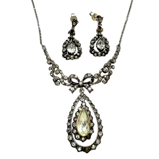 Early 1900s. Solid Silver Foil Back Paste Stone Necklace and Earrings.