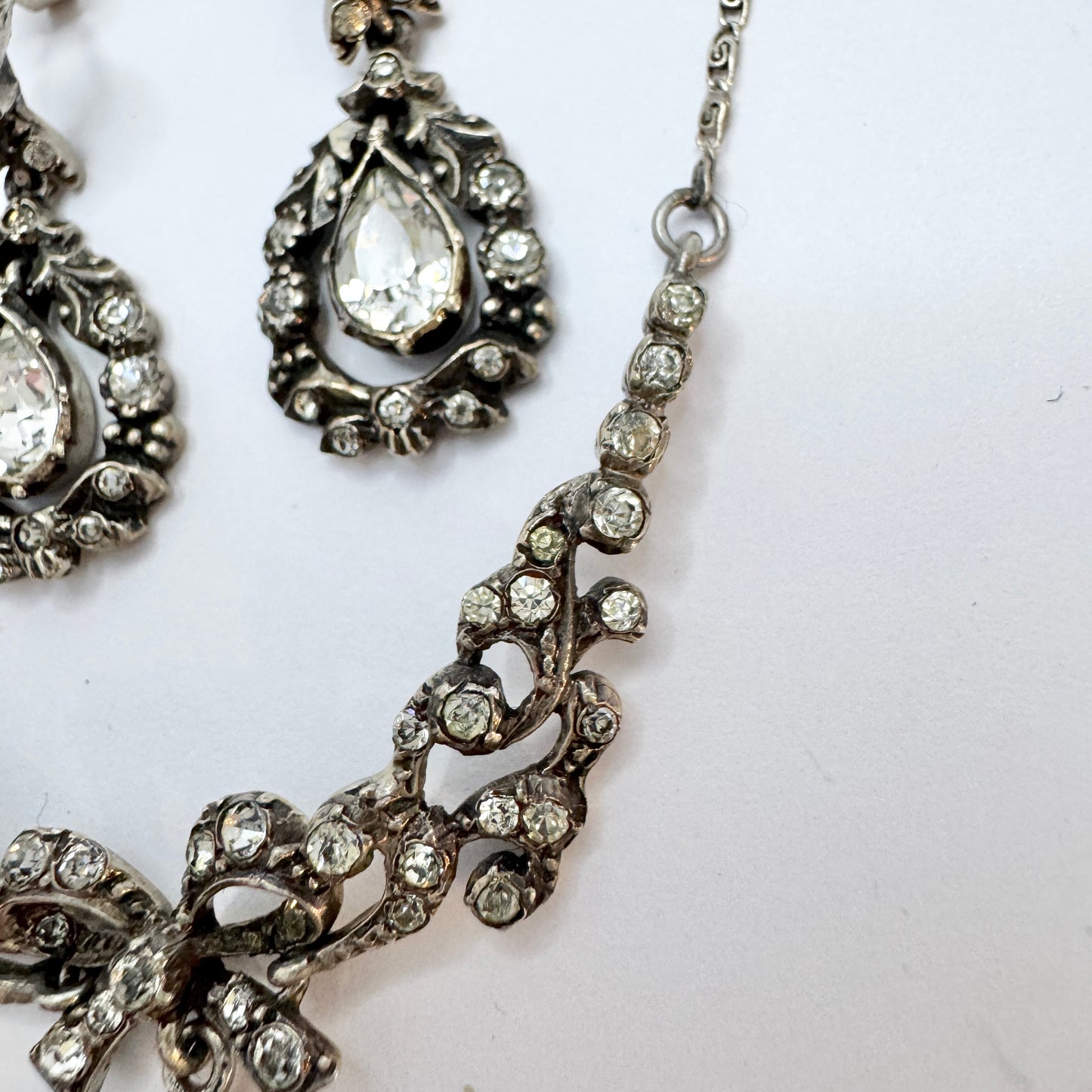 Early 1900s. Solid Silver Foil Back Paste Stone Necklace and Earrings.