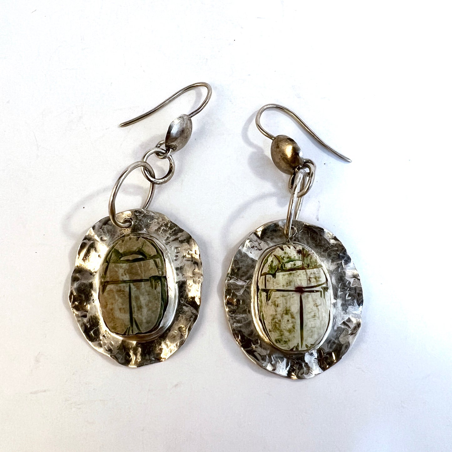 Vintage 1940-50s. Solid Silver Faience Scarab Earrings. Egypt, Swedish Import.