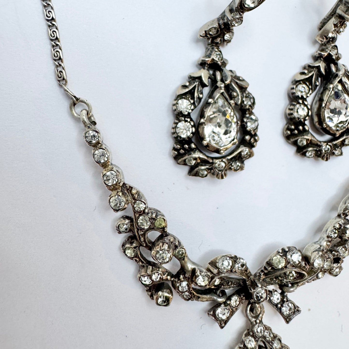 Early 1900s. Solid Silver Foil Back Paste Stone Necklace and Earrings.