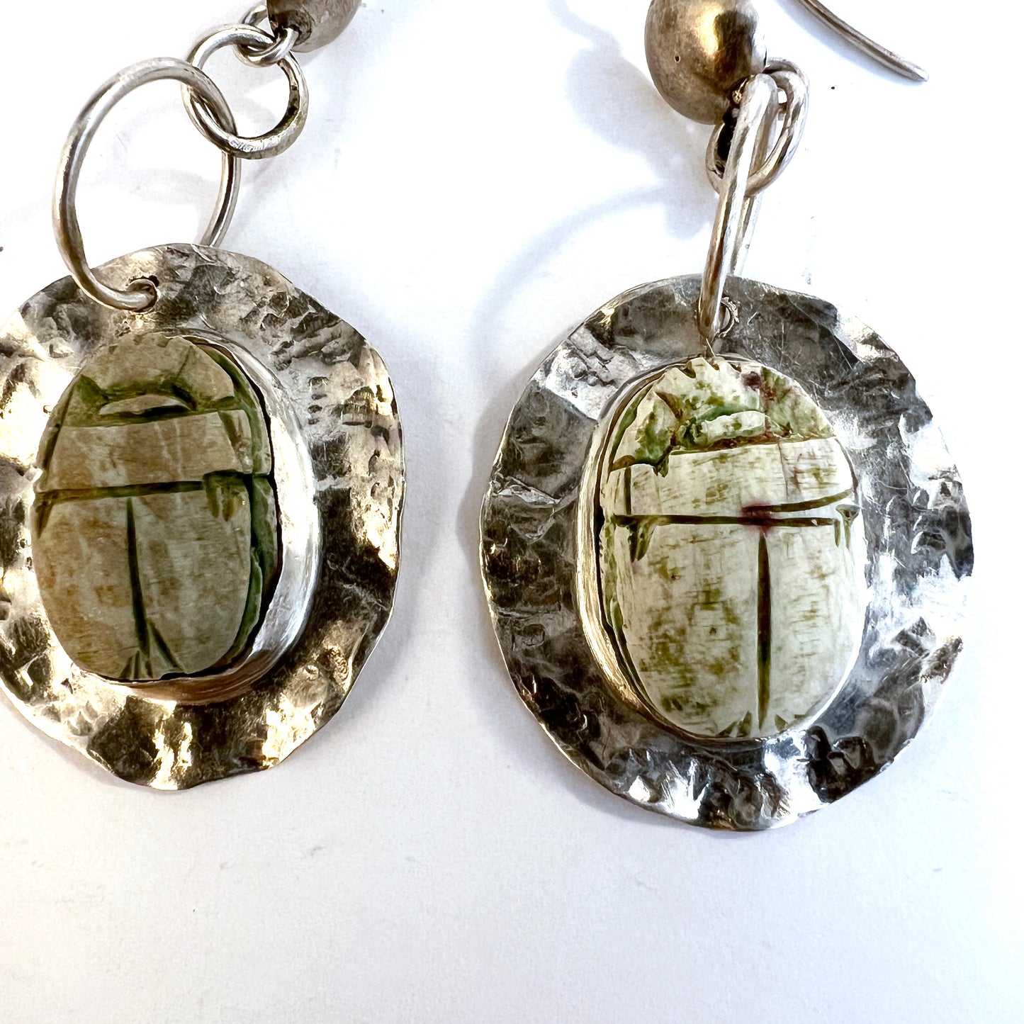 Vintage 1940-50s. Solid Silver Faience Scarab Earrings. Egypt, Swedish Import.