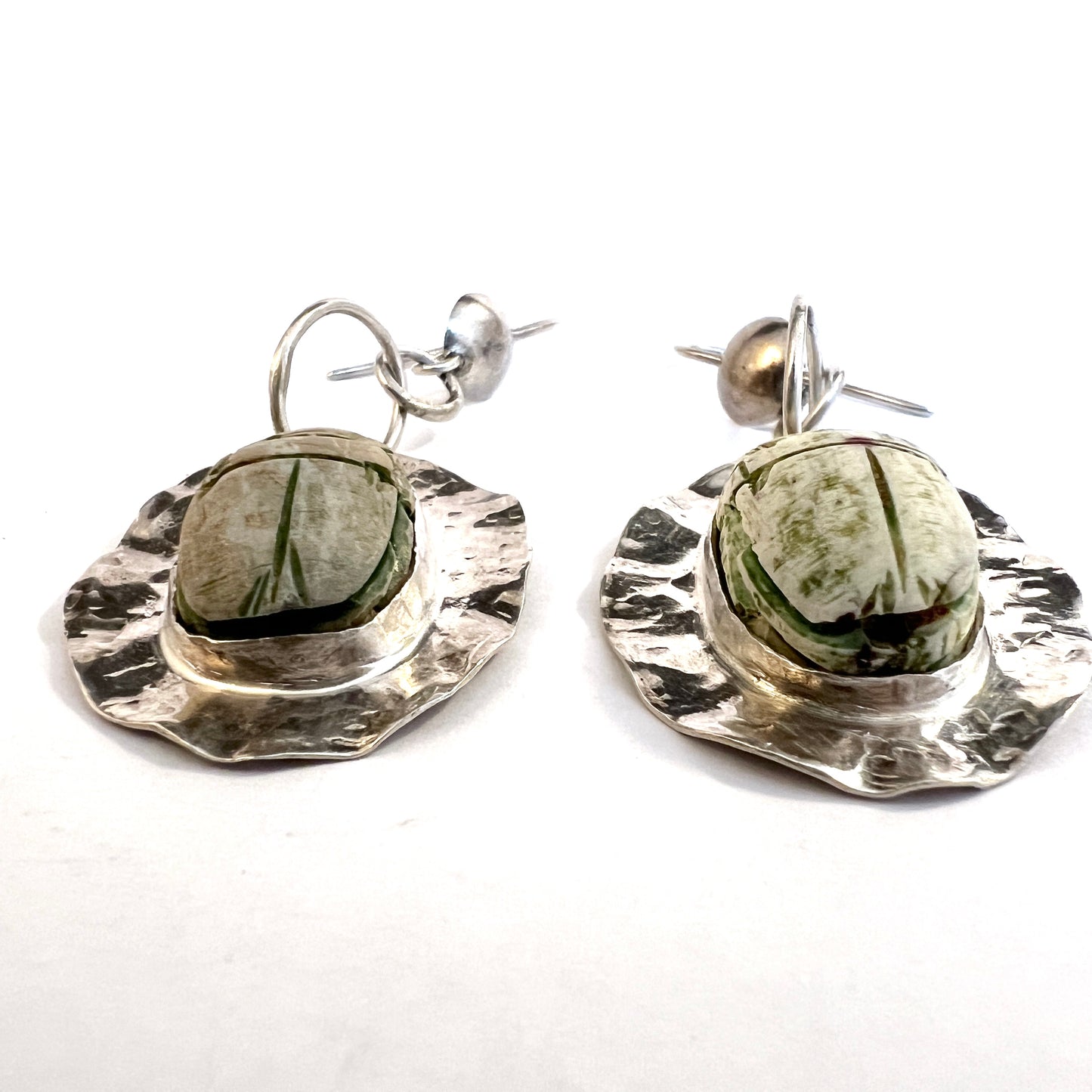 Vintage 1940-50s. Solid Silver Faience Scarab Earrings. Egypt, Swedish Import.