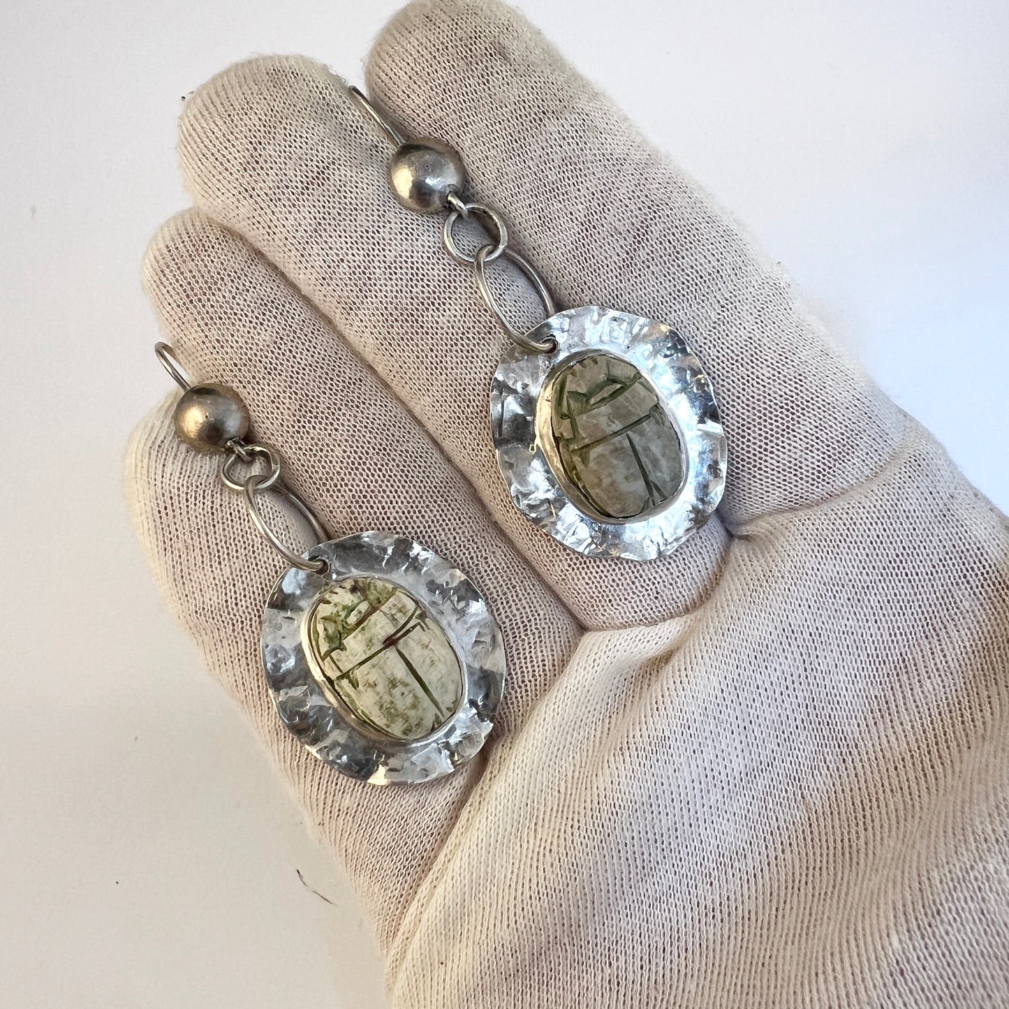 Vintage 1940-50s. Solid Silver Faience Scarab Earrings. Egypt, Swedish Import.