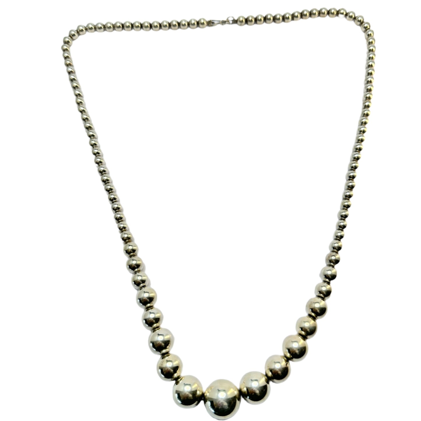 Vintage Sterling Silver Graduated Beads Long Necklace.